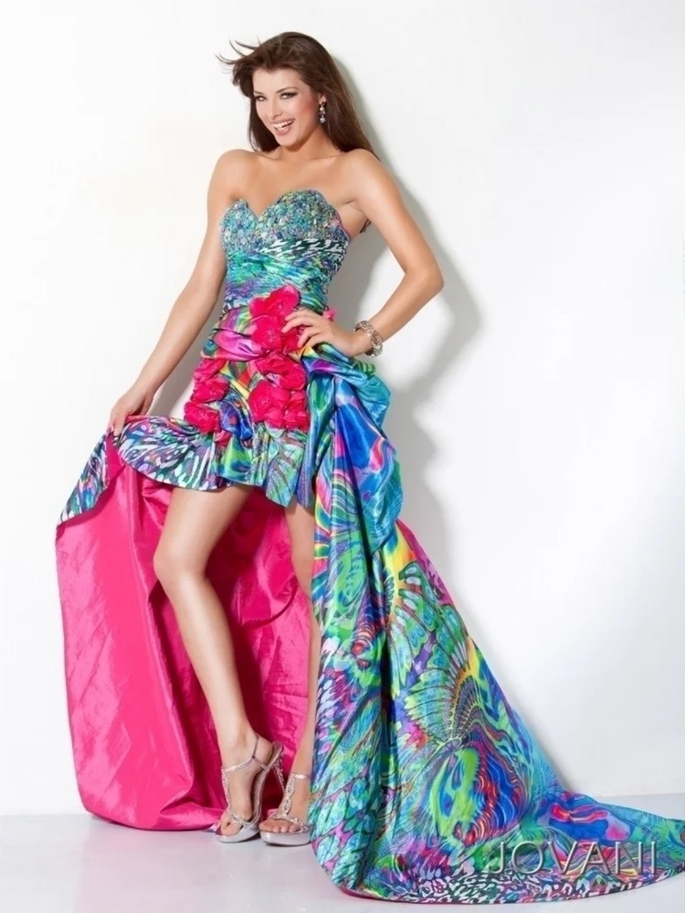 Jovani Strapless Multi-Color High-Low Dress with Bright Pink Train